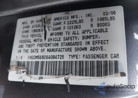 2006 Honda Accord 2.4 Ex z USA, uszkodzony, nr VIN 1HGCM56806A084725